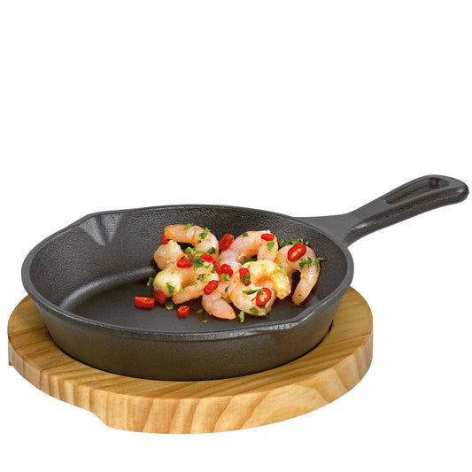 Servierpfanne rund Stielgriff mit Holzbrett