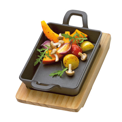 Servierpfanne eckig mit Holzbrett