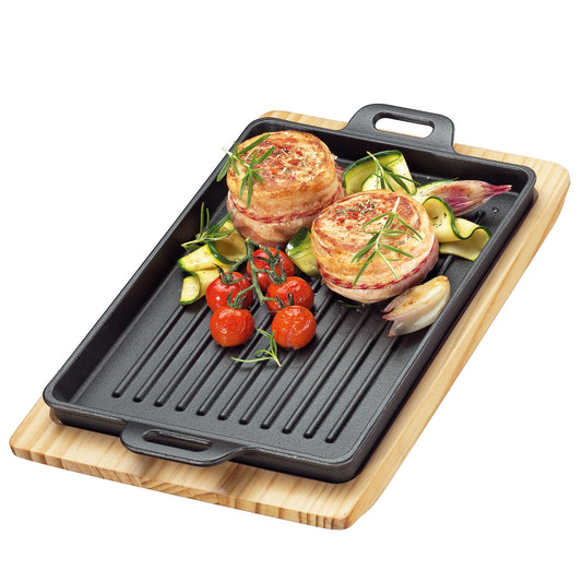 Grill-/Servierplatte eckig mit Holzbrett