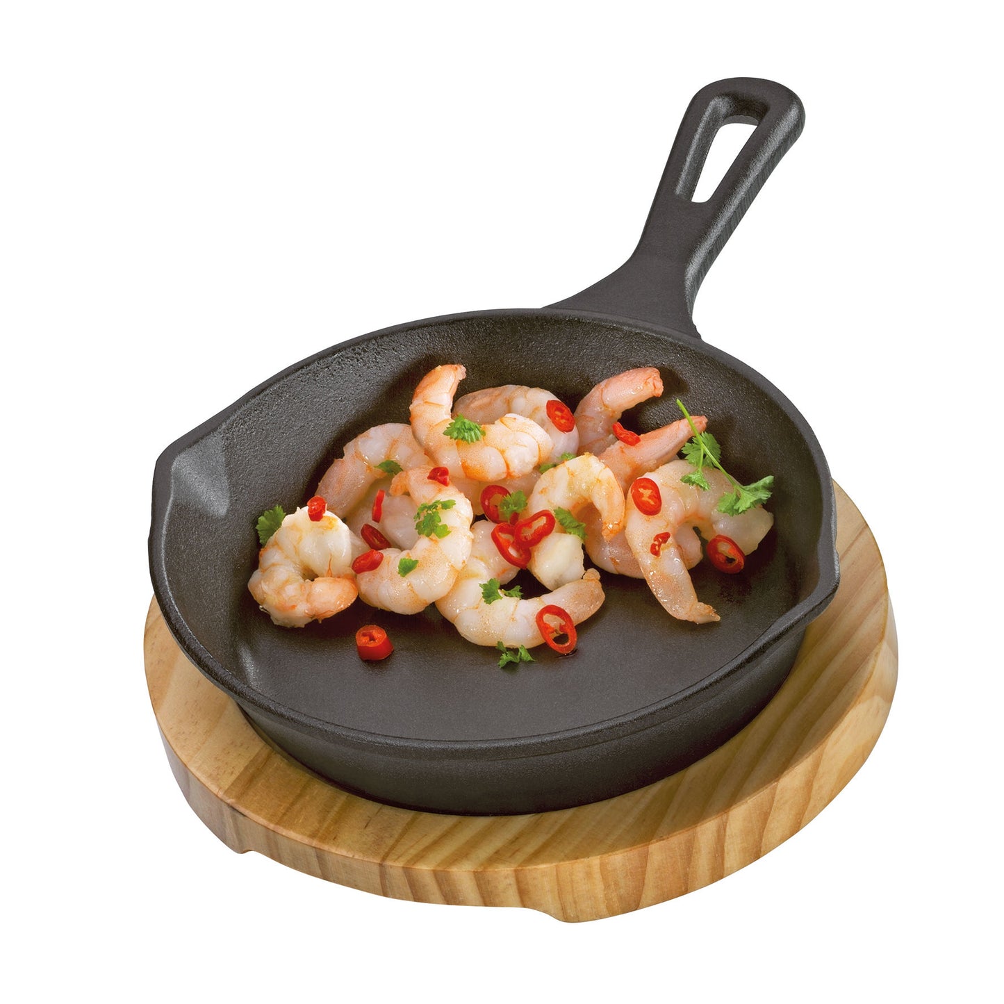 Servierpfanne rund Stielgriff mit Holzbrett