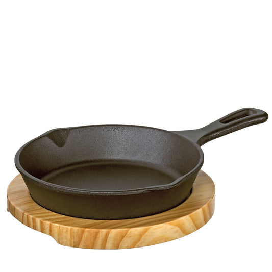 Servierpfanne rund Stielgriff mit Holzbrett